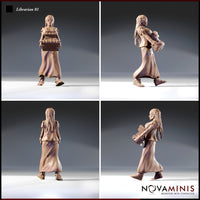 Four-angle render sheet of Librarian 01 by Novaminis — front, side, rear, and three-quarter views of a female NPC miniature carrying a stack of books in a flowing skirt, 32mm scale, unpainted resin