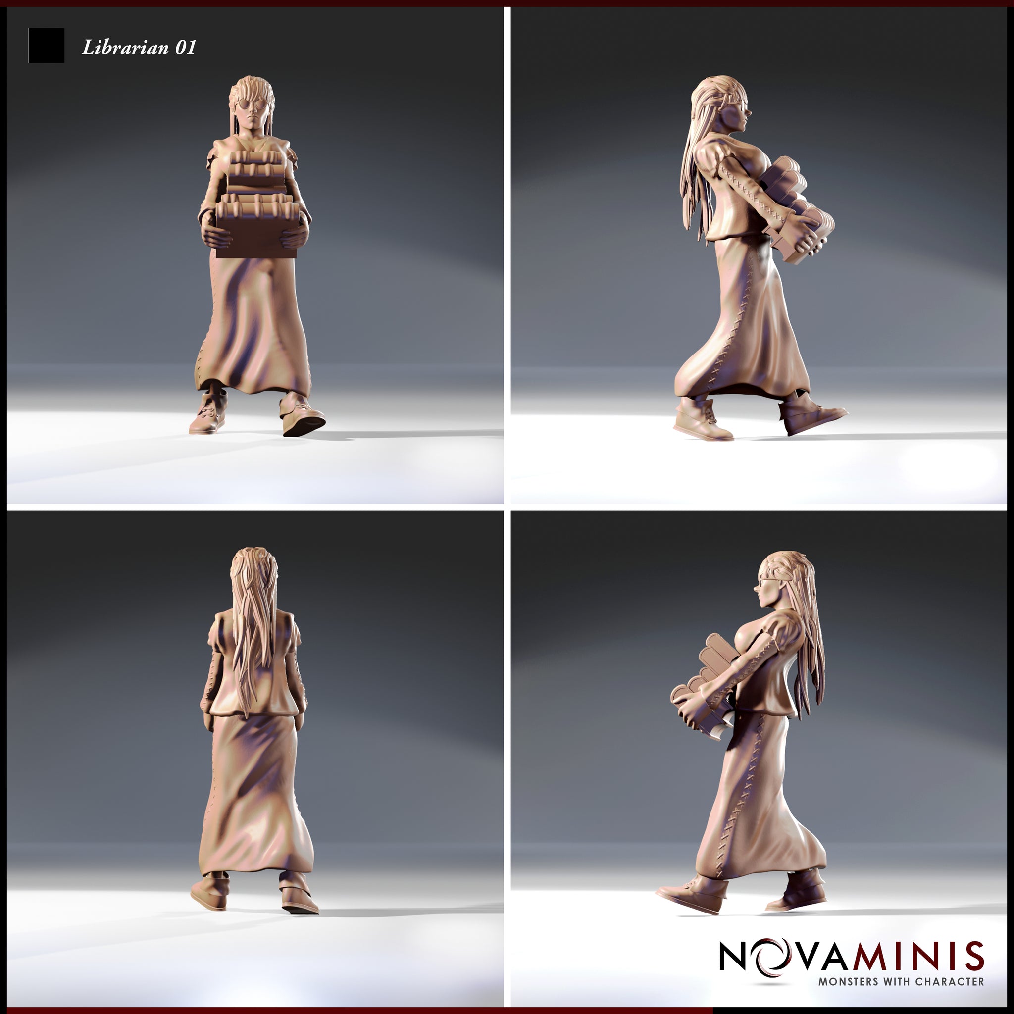 Four-angle render sheet of Librarian 01 by Novaminis — front, side, rear, and three-quarter views of a female NPC miniature carrying a stack of books in a flowing skirt, 32mm scale, unpainted resin