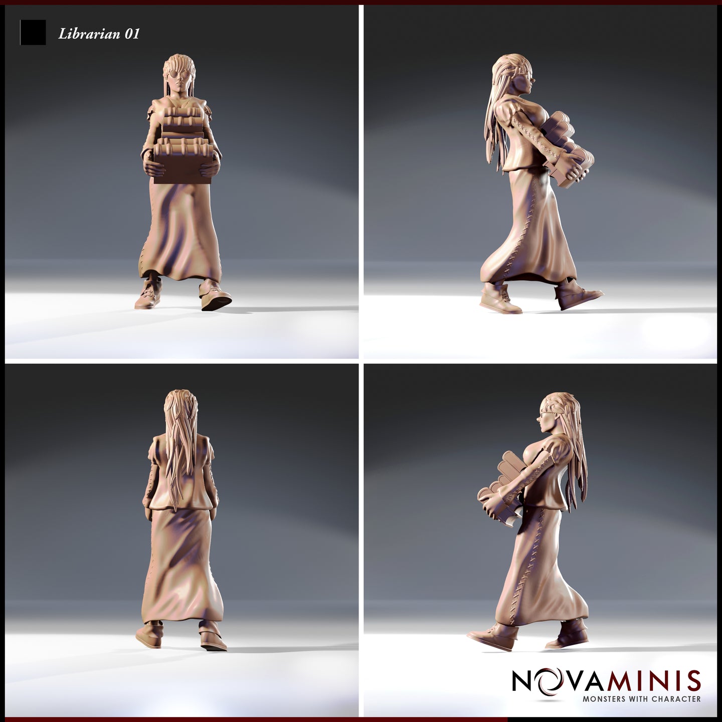 Four-angle render of Librarian 01 by Novaminis showing front, side, back, and three-quarter views of a female NPC miniature carrying a stack of books, wearing a long skirt and fitted top with long braided hair