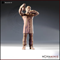 Front view digital render of Researcher 01 — a bald, broad-shouldered male figure in a long buttoned coat, arms raised holding an alchemical flask aloft with an intense expression, 32mm scale Novaminis miniature, unpainted resin