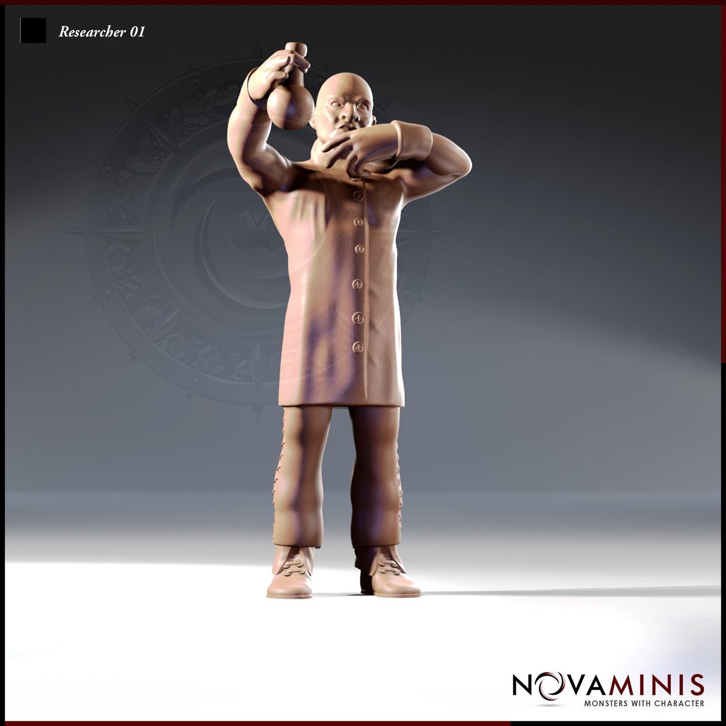 Front-facing digital render of Researcher 01 by Novaminis — an unpainted 32mm resin miniature of a stout bald man in a long buttoned lab coat, arms raised holding a rounded flask up to his face as if examining its contents