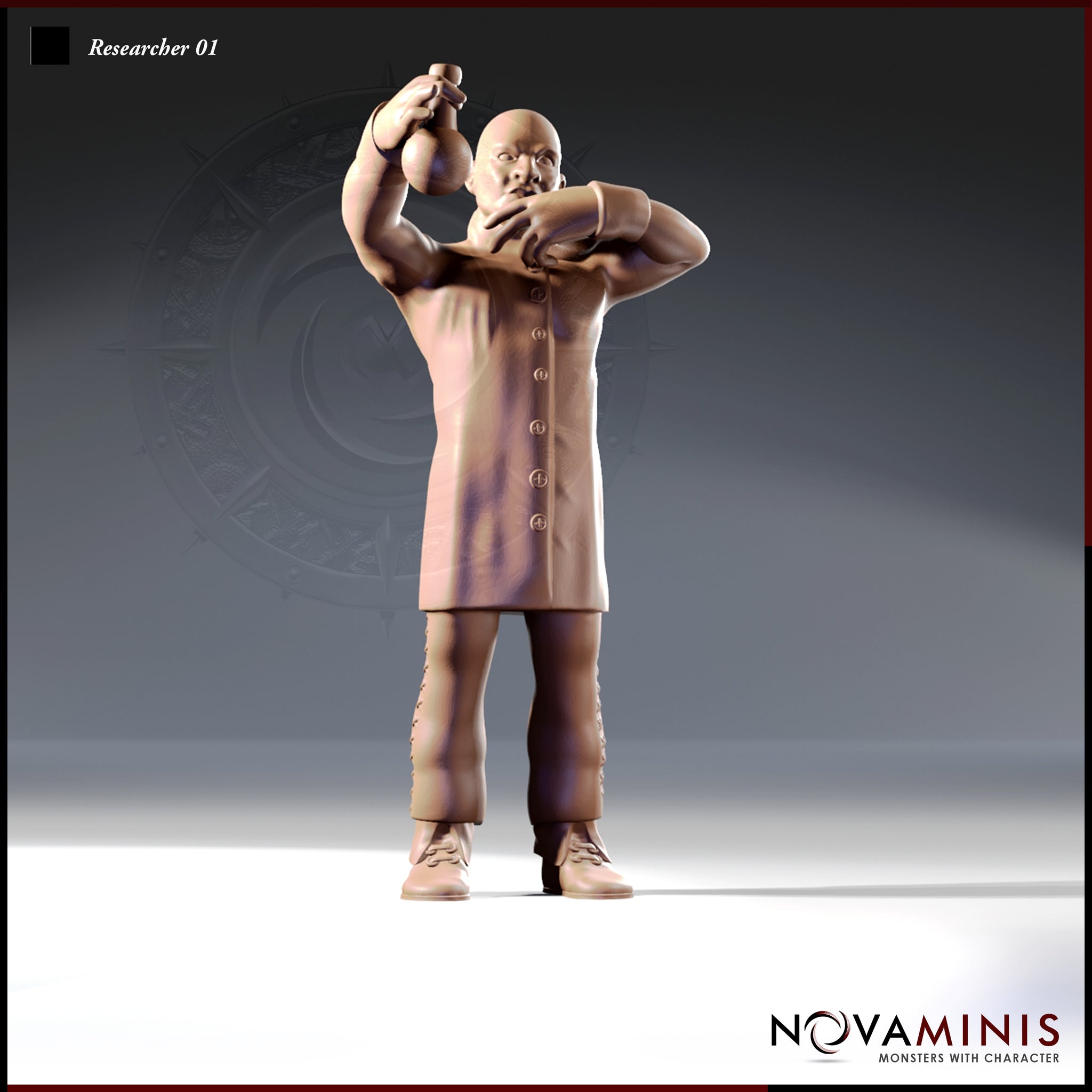 Front-facing digital render of Researcher 01 by Novaminis — an unpainted 32mm resin miniature of a stout bald man in a long buttoned lab coat, arms raised holding a rounded flask up to his face as if examining its contents