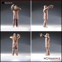 Four-angle digital render of Researcher 01 showing front, side, back, and three-quarter views — bald male researcher in buttoned coat holding a flask, detailed laced boots visible, unpainted 32mm Novaminis miniature