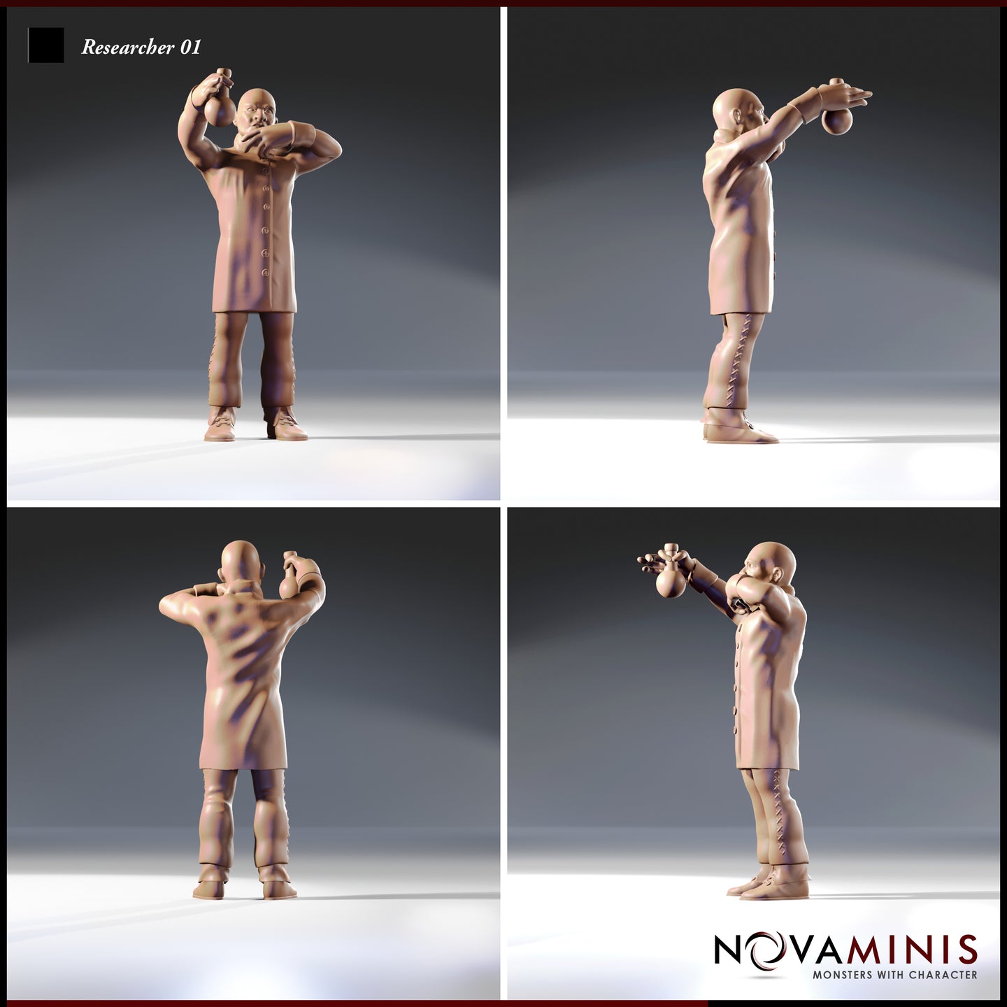 Four-angle digital render of Researcher 01 by Novaminis — showing front, side, back, and three-quarter views of a bald researcher in a lab coat holding a flask aloft, with visible button and seam detailing throughout the sculpt