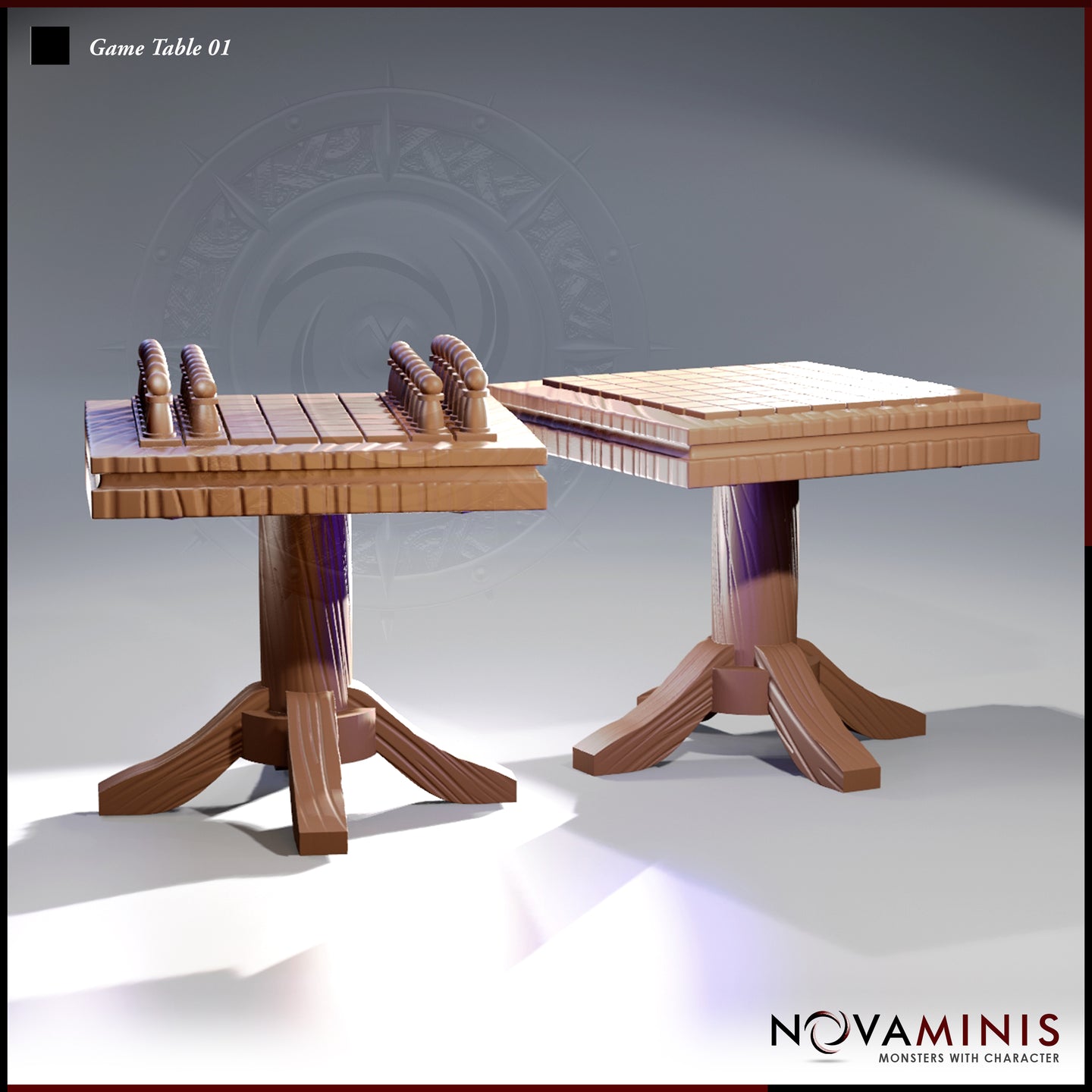 Digital render of two resin Games Table 01 scatter terrain pieces by Novaminis — pedestal tables with carved wood-grain bases and raised game board tops, one dressed with rows of rounded chess-style playing pieces and one showing a bare gridded board surface, shown side by side at an angle.