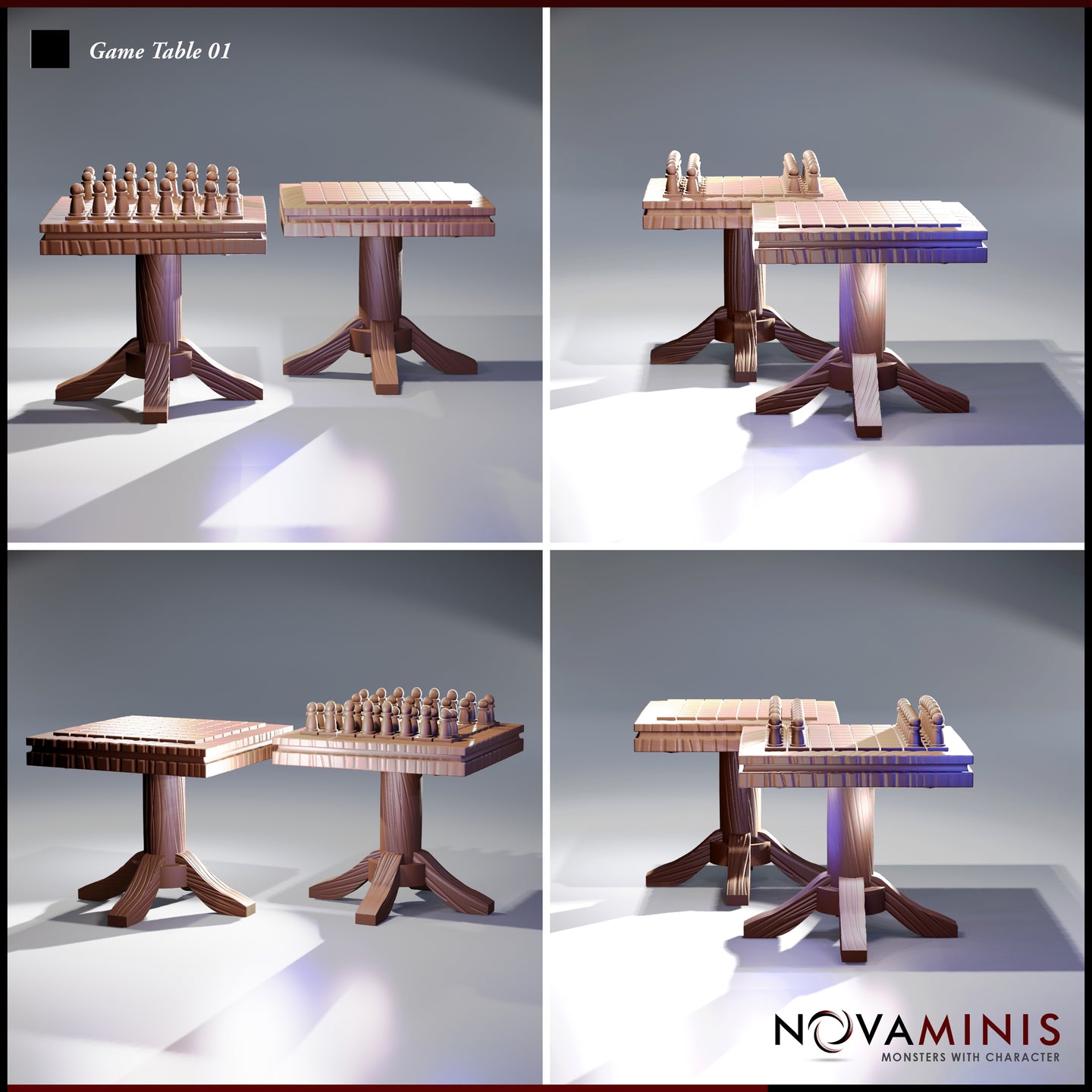 Four-angle digital render of the Novaminis Games Table 01 scatter terrain piece, showing the carved wooden pedestal table from front, side, and rear perspectives, with chess-style game pieces arranged in starting positions on a gridded board surface — unpainted resin render in warm brown tones.