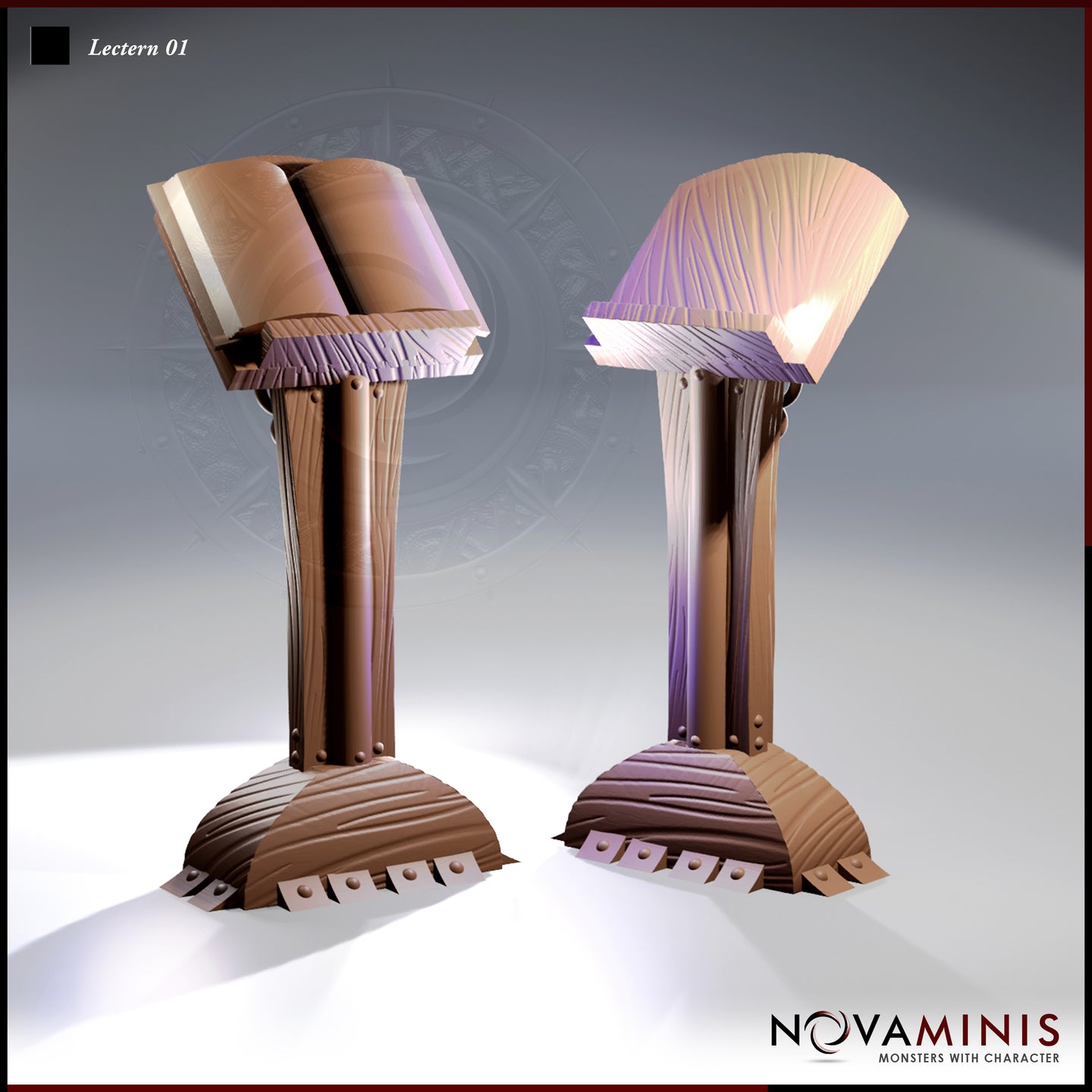 Digital render of two resin scatter terrain lecterns from Novaminis — one with an open book on the angled reading surface, one plain, both featuring riveted iron-banded bases and fluted wooden columns with rich grain texture, shown from the front at a slight angle