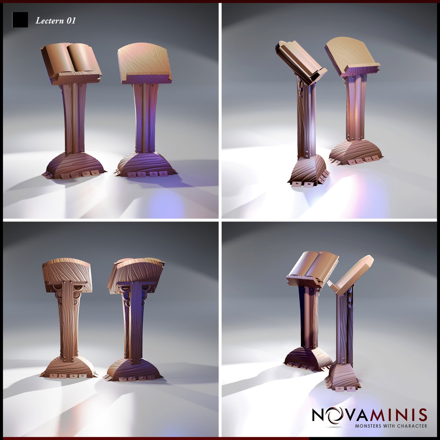 Digital render showing four angles of the Novaminis Lectern 01 scatter terrain pair — front view, side view, rear view, and three-quarter view — highlighting the ribbed column detail, broad angled reading surface, and riveted trim across the base
