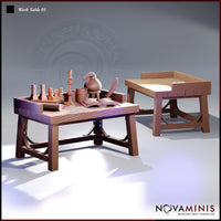 Digital render of two resin work table scatter terrain pieces by Novaminis — one table loaded with potion bottles, a mortar and pestle, open book, scroll, quill, candle, and bucket; the second table bare and clear-topped, both with textured wood-grain surfaces and curved iron crossbrace legs, 32mm scale
