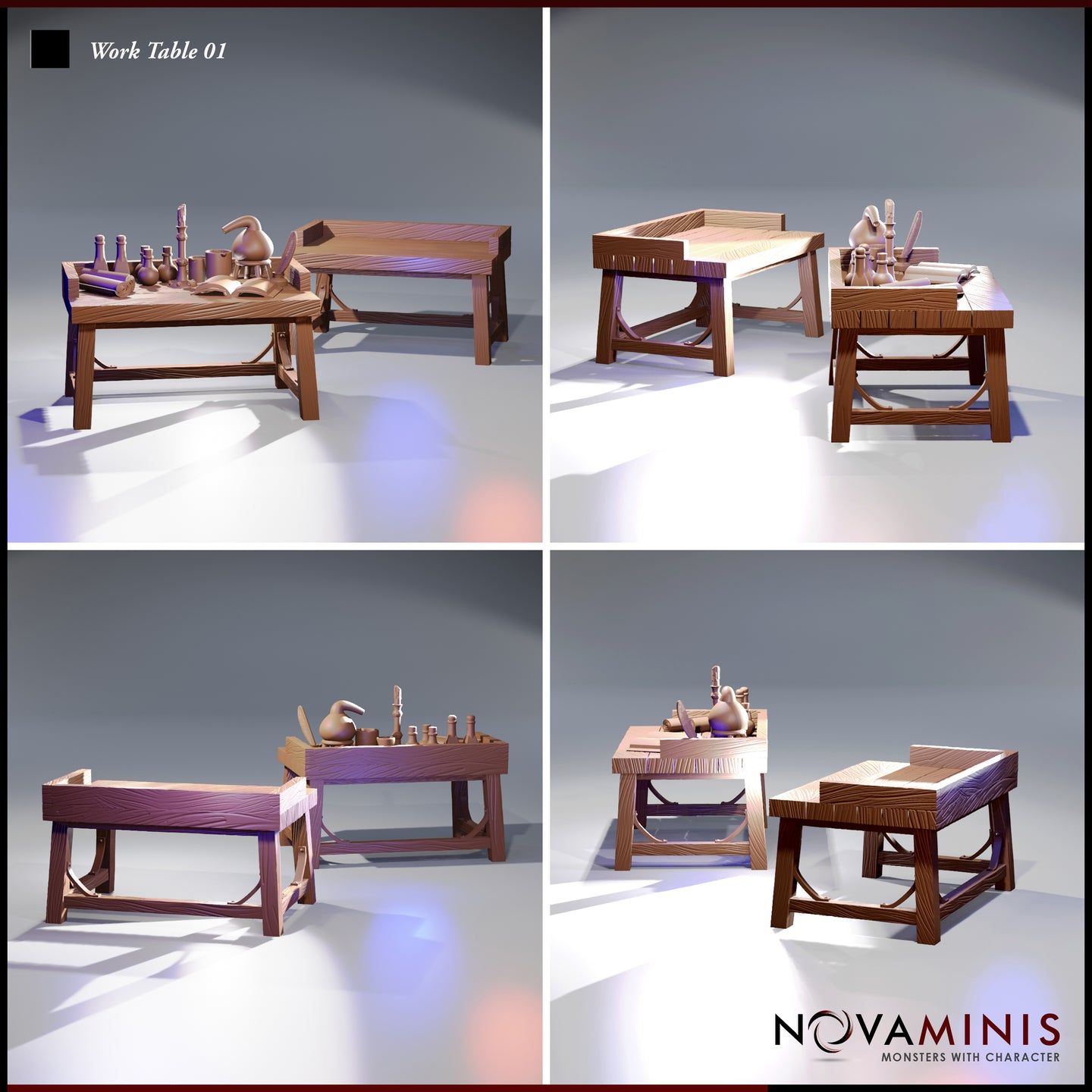 Four-angle digital render of the Novaminis Work Table 01 terrain set showing the cluttered alchemist's table from multiple viewpoints alongside the bare trestle table, highlighting the detailed wood grain, scattered bottles, mortar and pestle, open book, quill pen, and scroll across all perspectives