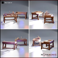 Four-angle digital render of the Novaminis Work Table 01 terrain set showing the cluttered alchemist's table from multiple viewpoints alongside the bare trestle table, highlighting the detailed wood grain, scattered bottles, mortar and pestle, open book, quill pen, and scroll across all perspectives
