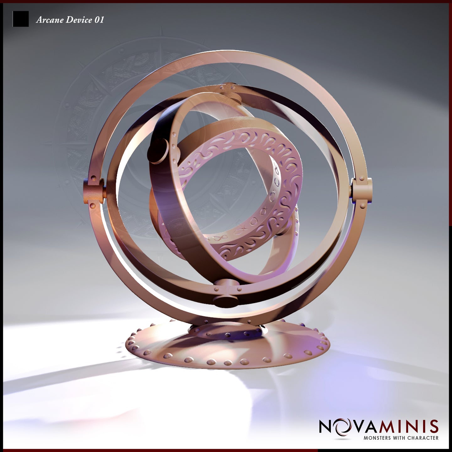 Digital render of the Novaminis Arcane Device 01 — a gyroscopic arcane instrument with three interlocking concentric rings on a riveted circular base, the innermost ring featuring scrollwork and sigil engravings, rendered in a warm copper tone.