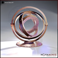 Digital render of the Novaminis Arcane Device 01 — a gyroscopic arcane instrument with three interlocking concentric rings on a riveted circular base, the innermost ring featuring scrollwork and sigil engravings, rendered in a warm copper tone.