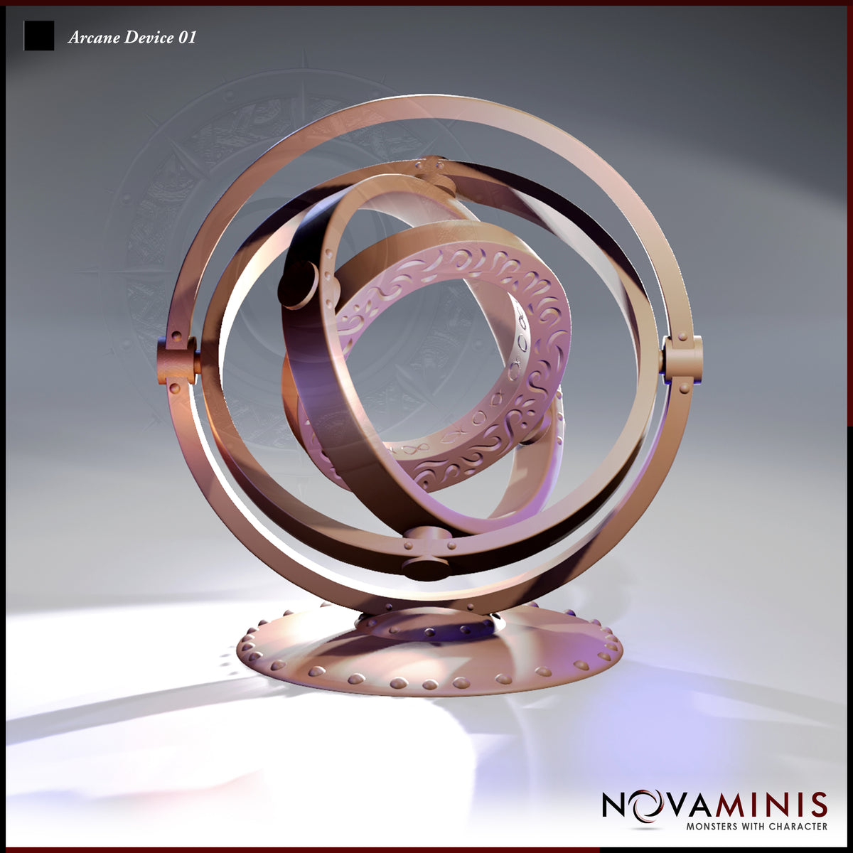 Digital render of the Novaminis Arcane Device 01 — a gyroscopic arcane instrument with three interlocking concentric rings on a riveted circular base, the innermost ring featuring scrollwork and sigil engravings, rendered in a warm copper tone.