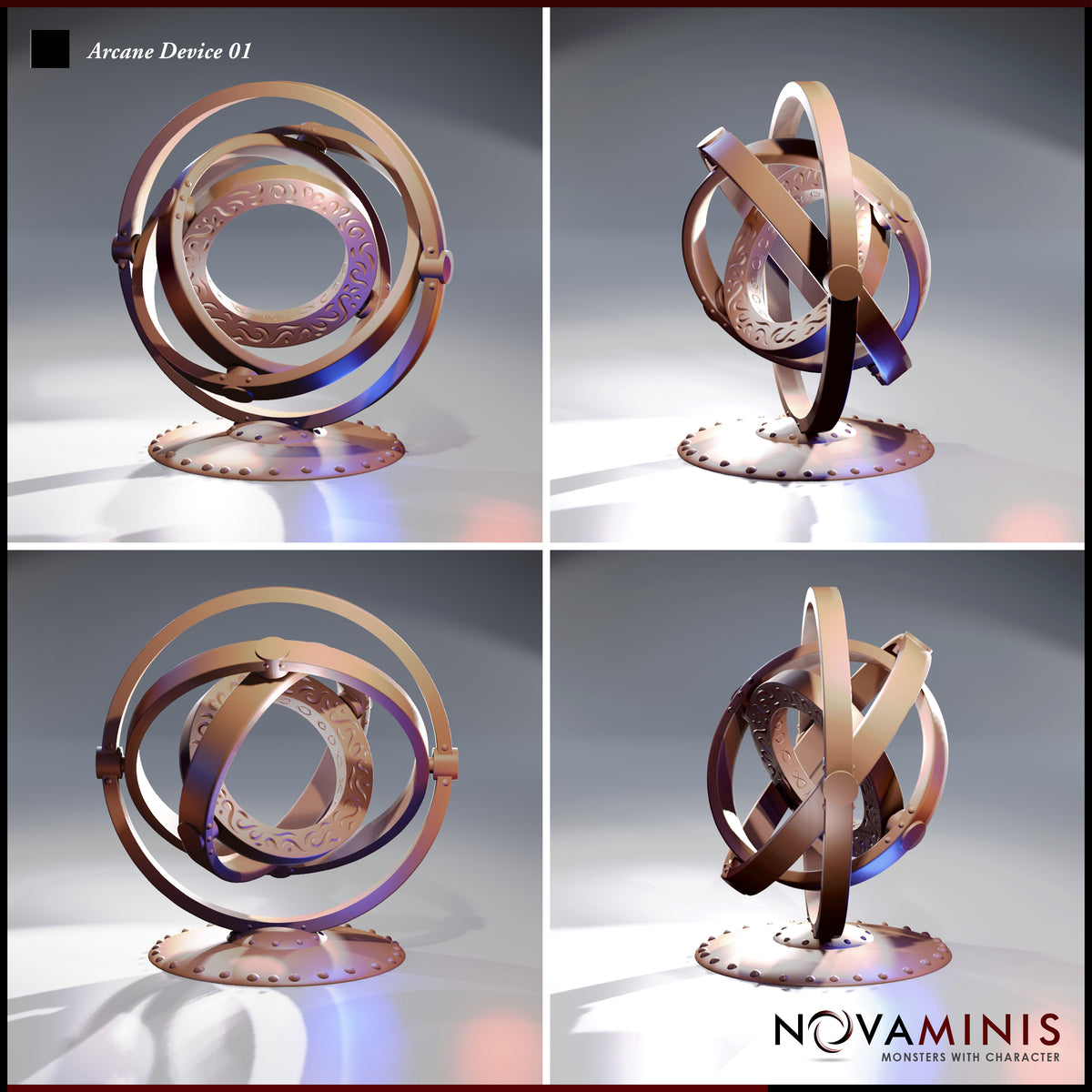Four-angle digital render of the Arcane Device 01 by Novaminis showing the gyroscopic ring apparatus from front, side, three-quarter, and rear views, highlighting the engraved inner ring, mechanical bracket fittings, and riveted base in copper tones.