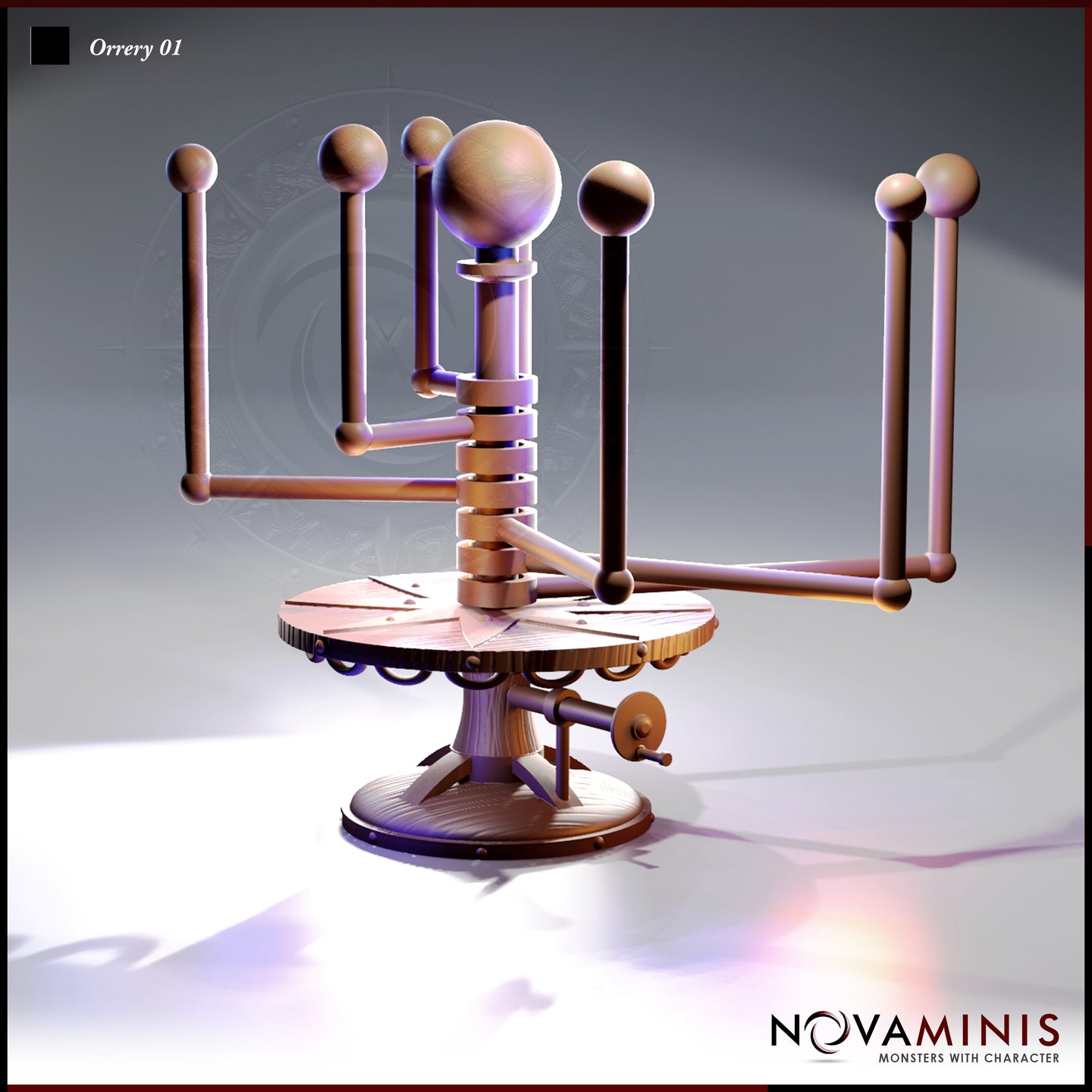 Digital render of an unpainted resin orrery scatter terrain piece by Novaminis — front three-quarter view showing a multi-armed mechanical celestial model with seven orb-tipped arms, stacked gear-ring column, side crank mechanism, and a circular riveted wooden platform base