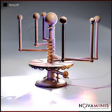 Digital render of an unpainted resin orrery scatter terrain piece by Novaminis — front three-quarter view showing a multi-armed mechanical celestial model with seven orb-tipped arms, stacked gear-ring column, side crank mechanism, and a circular riveted wooden platform base