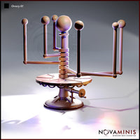 Digital render of an unpainted resin orrery scatter terrain piece by Novaminis — front three-quarter view showing a multi-armed mechanical celestial model with seven orb-tipped arms, stacked gear-ring column, side crank mechanism, and a circular riveted wooden platform base