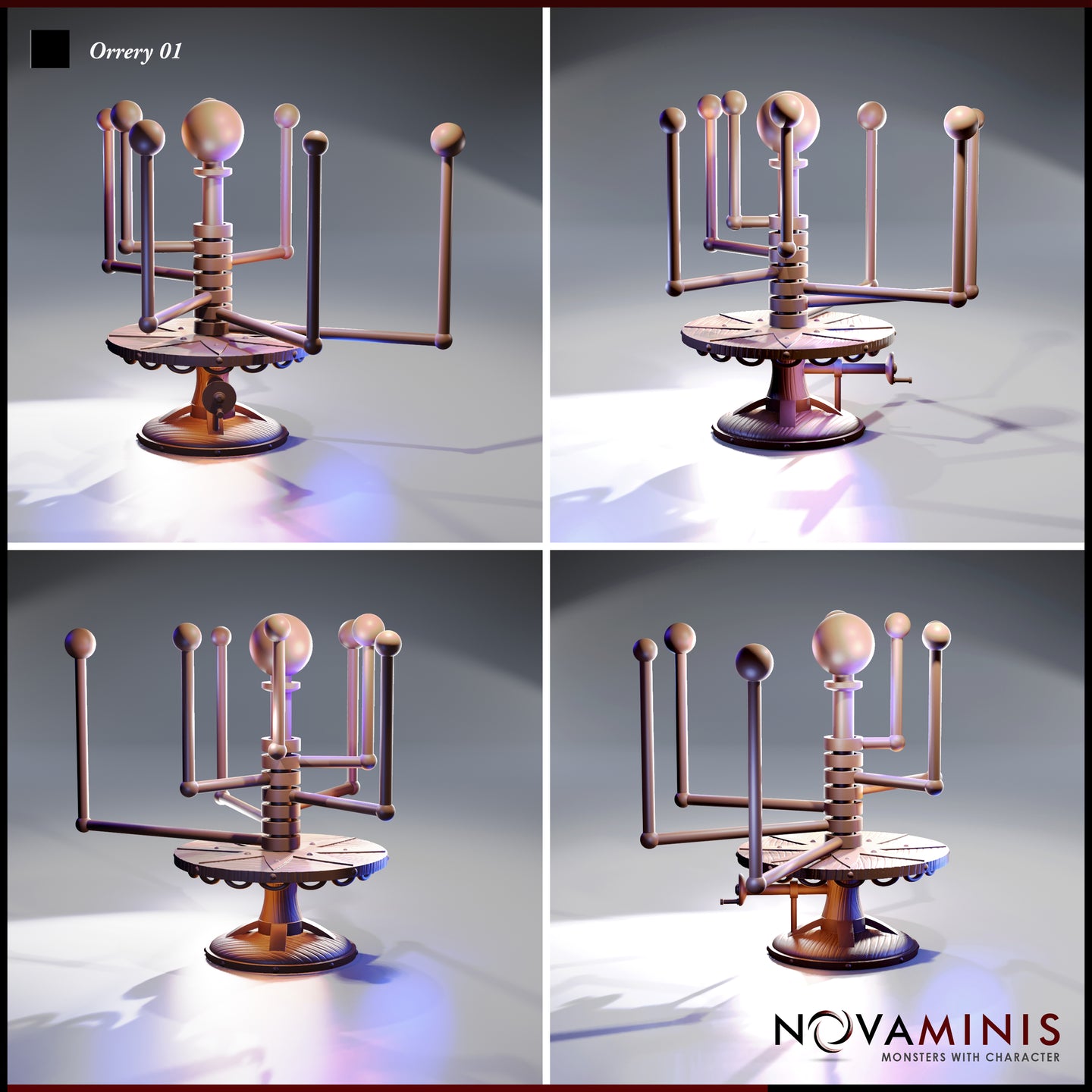 Digital render of the Novaminis Orrery 01 scatter terrain piece shown from four angles — front, rear, left side, and right side — displaying the symmetrical arm arrangement, central gear column, crank detail, and engraved wooden platform base