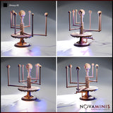 Digital render of the Novaminis Orrery 01 scatter terrain piece shown from four angles — front, rear, left side, and right side — displaying the symmetrical arm arrangement, central gear column, crank detail, and engraved wooden platform base