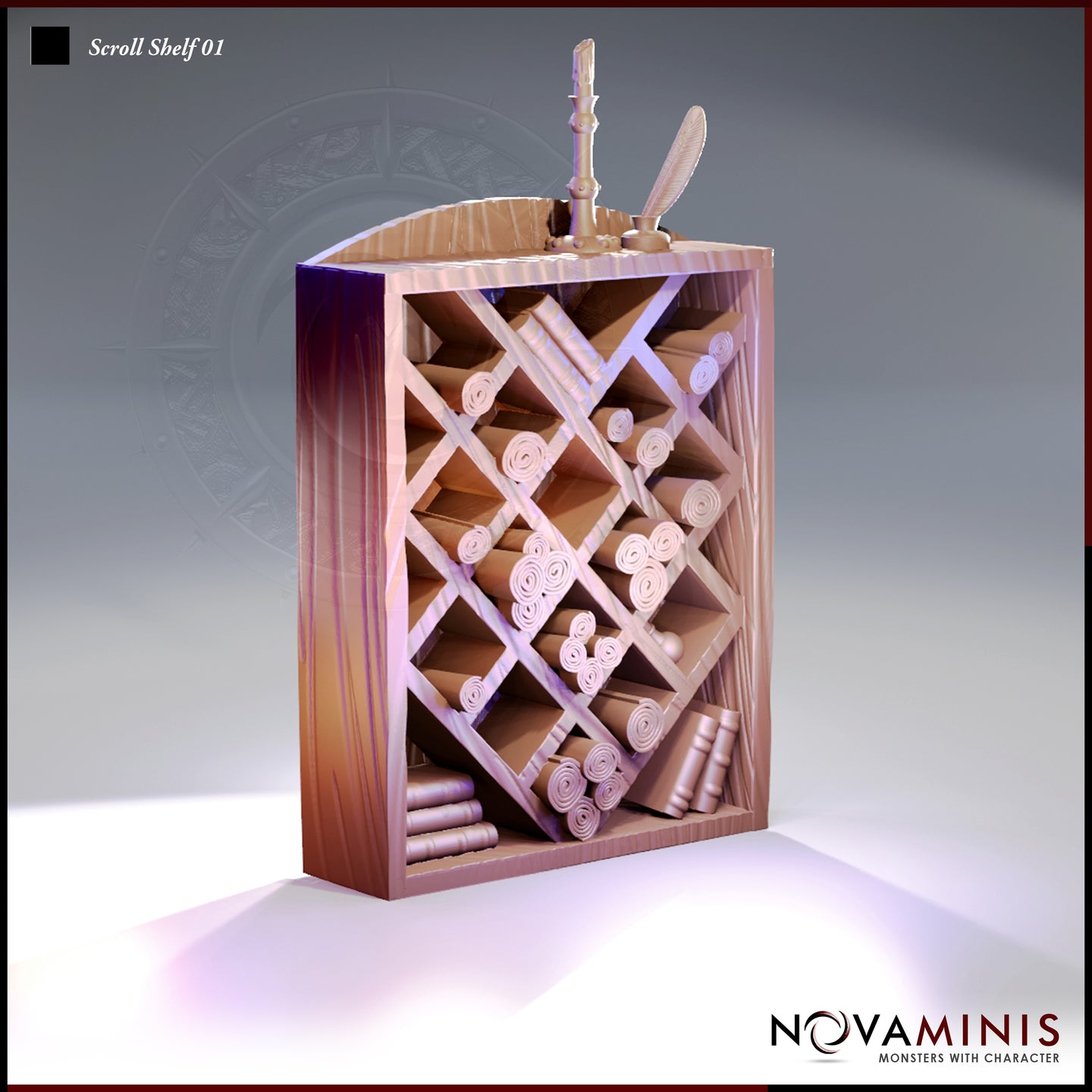 Digital render of an unpainted resin scroll shelf terrain piece, showing a diamond-lattice rack filled with rolled scrolls, small books at the base, and a quill stand with inkwell on top — front three-quarter view