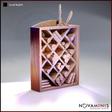 Digital render of an unpainted resin scroll shelf terrain piece, showing a diamond-lattice rack filled with rolled scrolls, small books at the base, and a quill stand with inkwell on top — front three-quarter view
