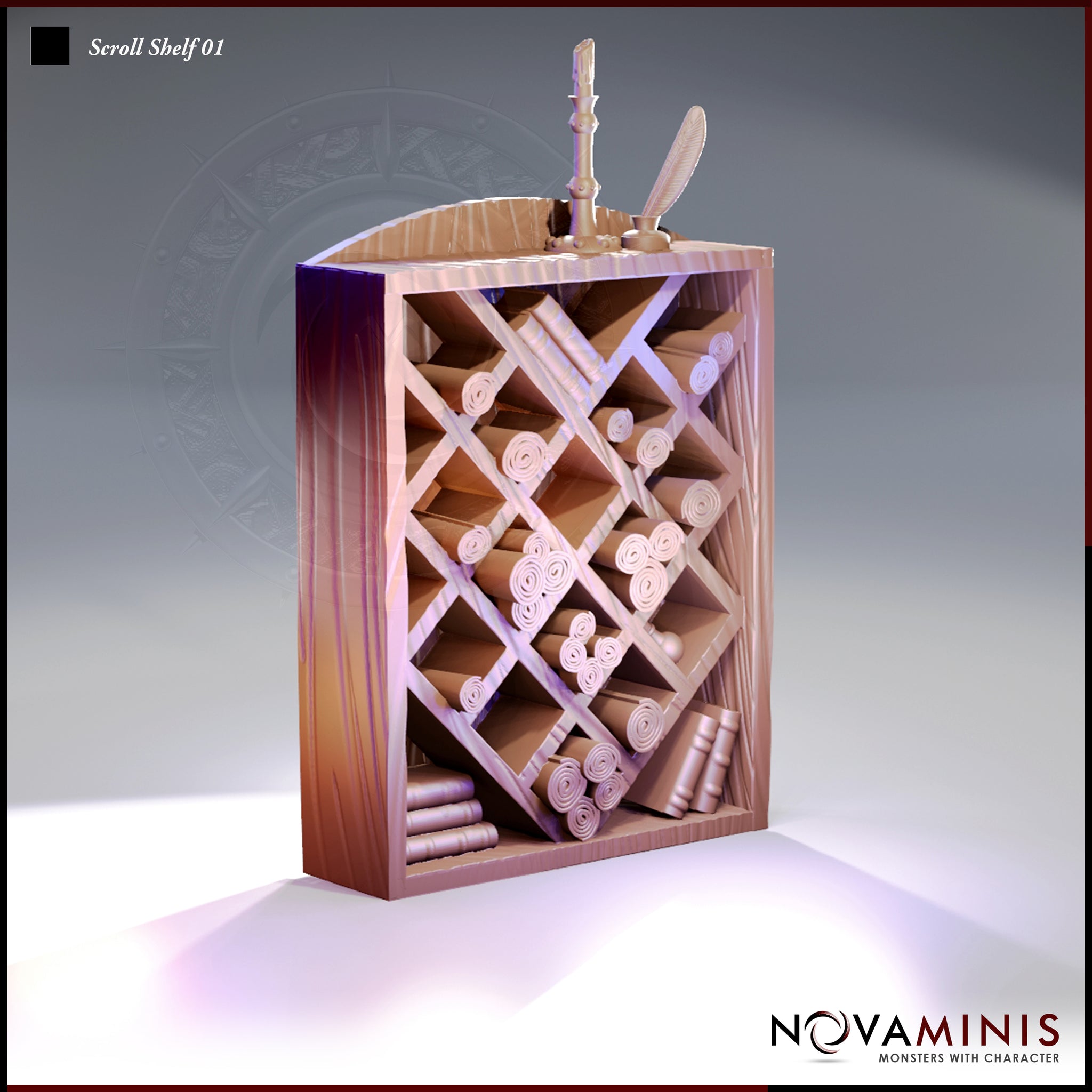 Digital render of an unpainted resin scroll shelf terrain piece, showing a diamond-lattice rack filled with rolled scrolls, small books at the base, and a quill stand with inkwell on top — front three-quarter view