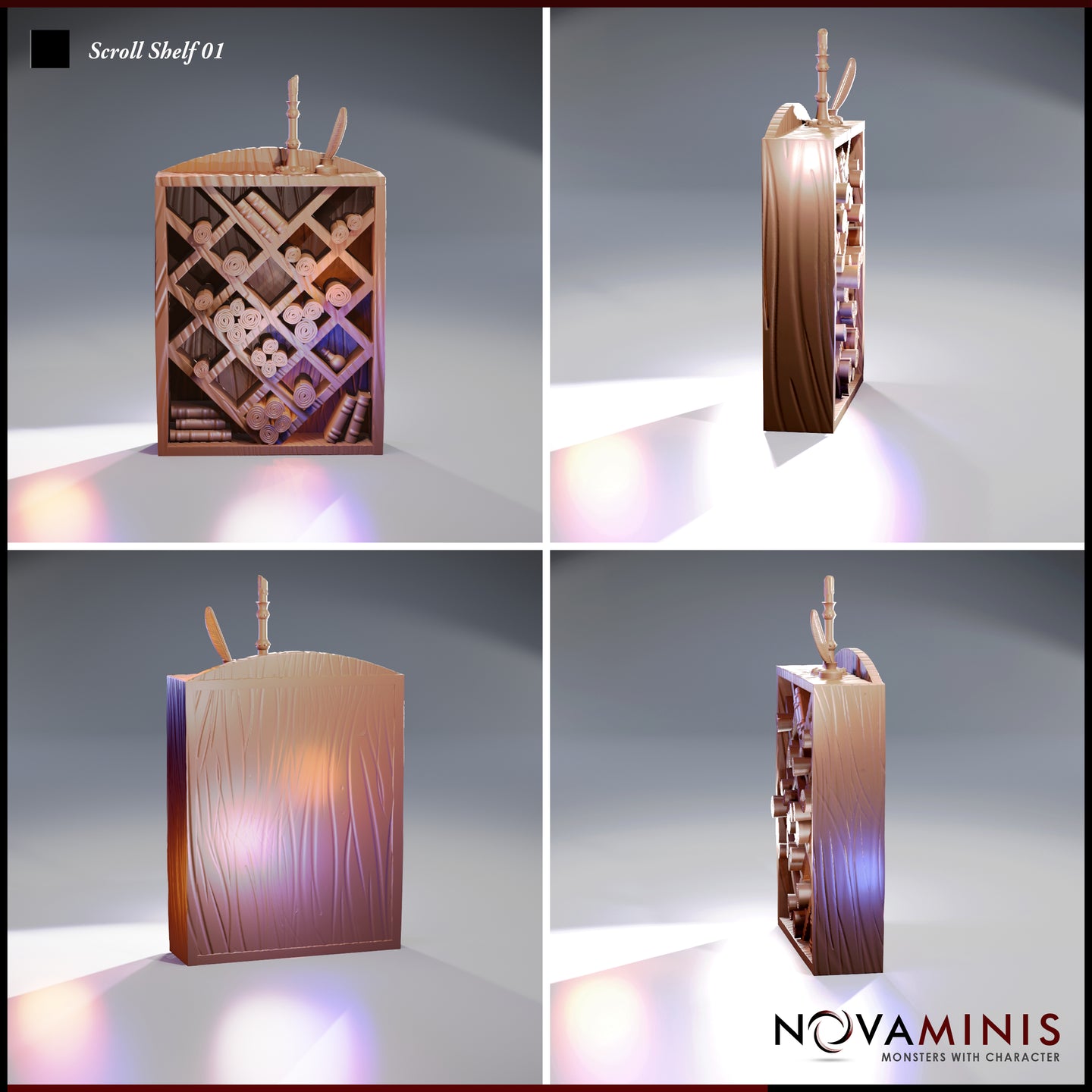 Four-angle digital render of the unpainted Scroll Shelf 01 terrain piece by Novaminis, showing front, rear, back panel wood-grain texture, and side lattice detail with scrolls, bundled parchments, and quill stand visible