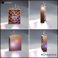Four-angle digital render of the unpainted Scroll Shelf 01 terrain piece by Novaminis, showing front, rear, back panel wood-grain texture, and side lattice detail with scrolls, bundled parchments, and quill stand visible