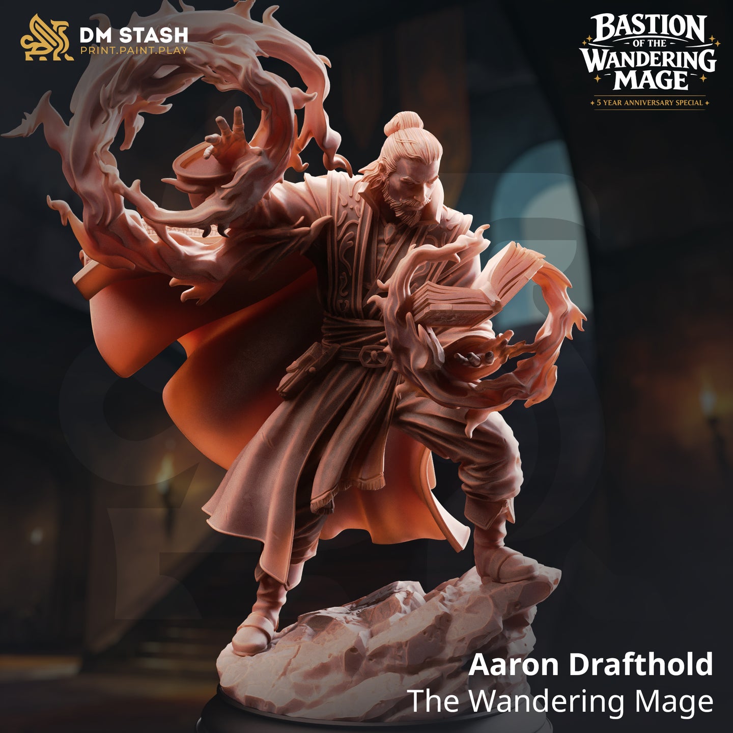 Digital render of Aaron Drafthold the Wandering Mage miniature — an unpainted resin figure of a bearded male mage with a top-knot, holding an open spellbook wreathed in flame, with a large ring of fire swirling around his raised left hand, standing on a rocky base