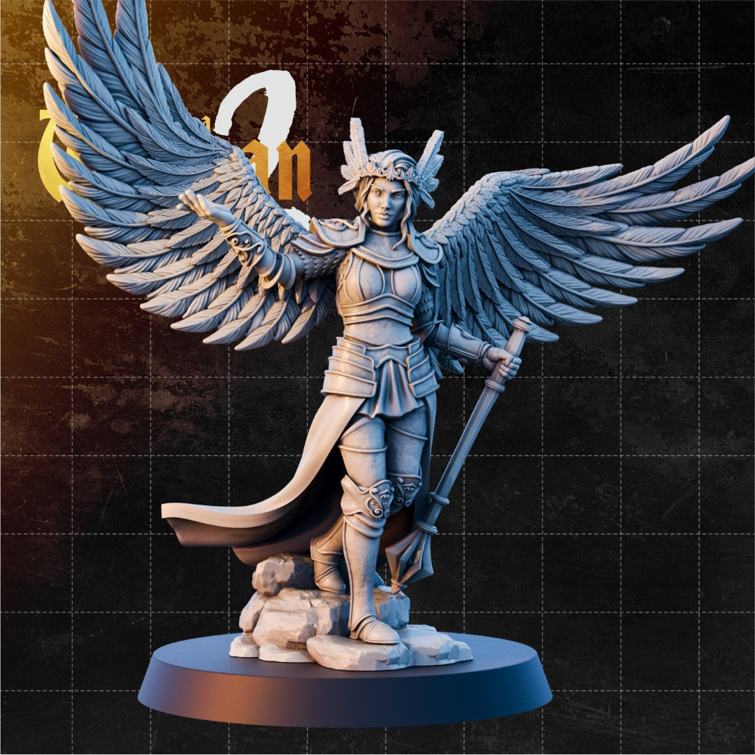 Winged female aasimar in layered plate armour, wings spread wide, holding a polearm at her side, feathered headdress, standing on a rocky base. Sculpt by DnD Is A Woman.