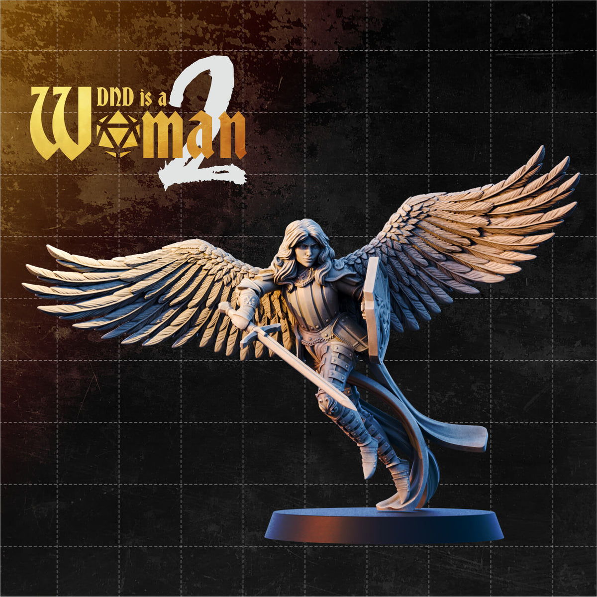 Winged female warrior in mid-stance, sweeping a long halberd forward with both hands. Large feathered wings spread wide. Fitted plate armour with a flowing coat and long loose hair. Plain round base. Sculpt by DnD is a Woman.