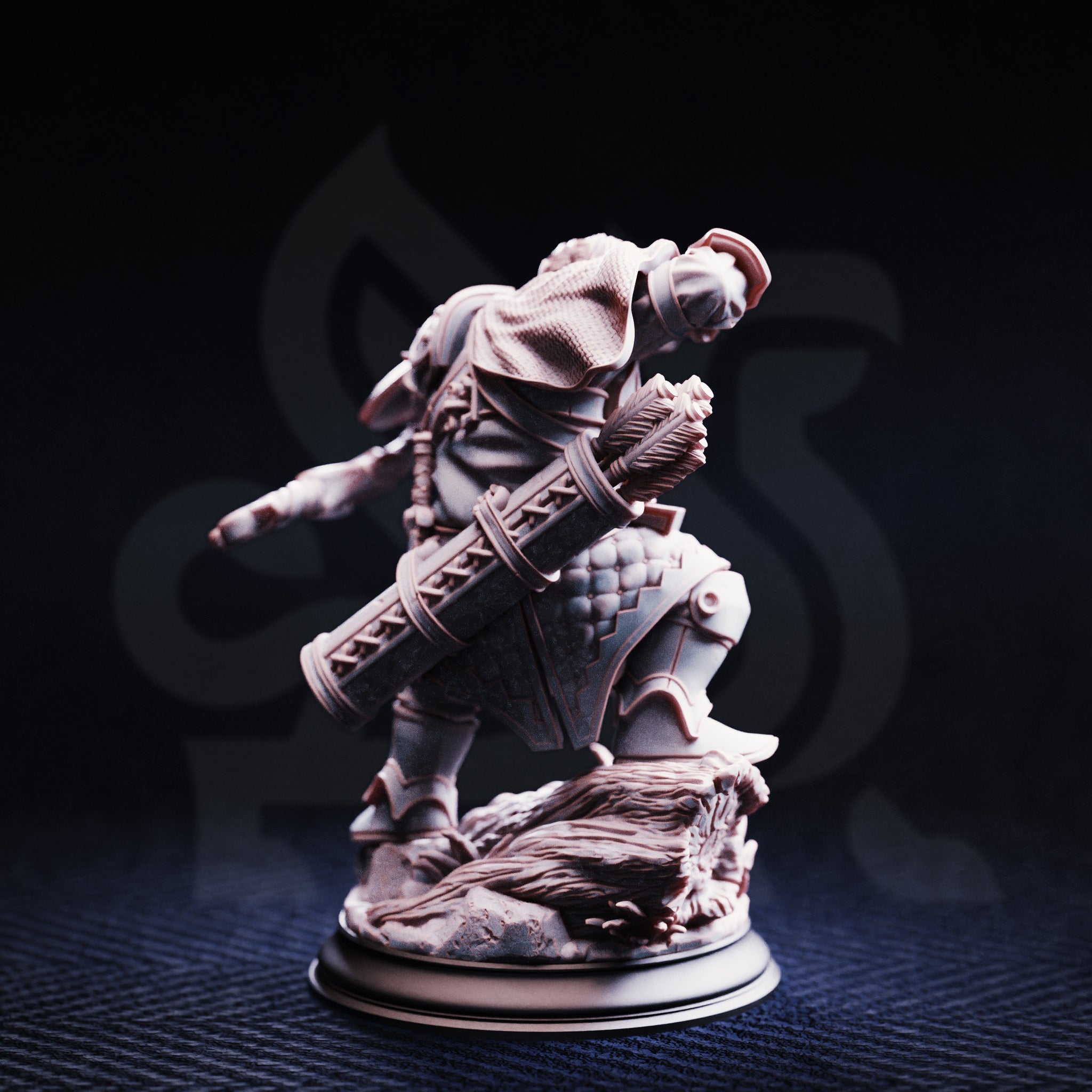 Rear three-quarter view of the unpainted grey resin Achtum of the Meadow miniature, showing his bolt case, draped cloak with geometric patterning, back armour detail, and the sculpted naturalistic base — highlighting the DM Stash sculpt quality at 32mm scale