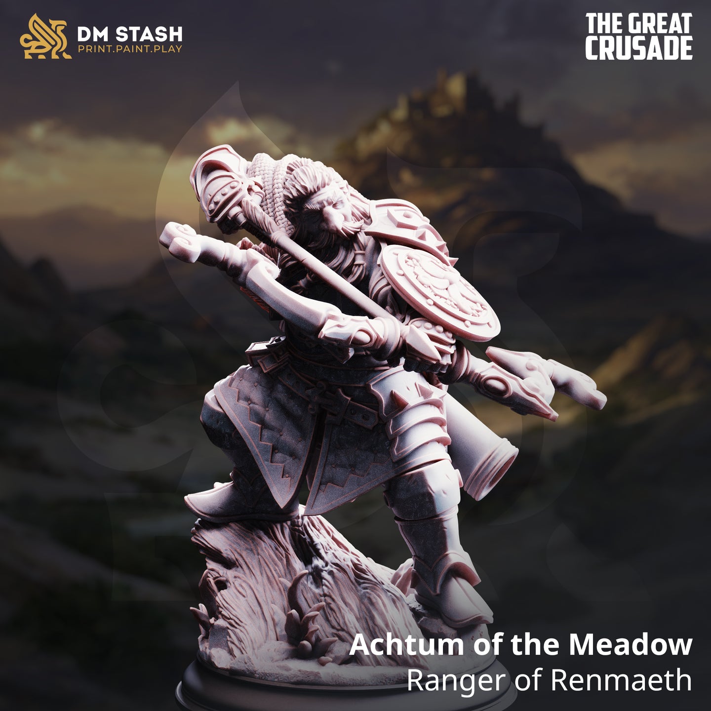 Digital render of Achtum of the Meadow, a dwarven ranger miniature from DM Stash's The Great Crusade range, shown in a dynamic forward-leaning pose with a heavy crossbow braced across his body, a decorated round shield on his back, chainmail coif, segmented armour, and a naturalistic terrain base — against a dramatic mountain backdrop
