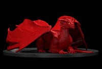 Adult Red Dragon in a loafing pose, body low and spread wide, wings folded against its sides, head angled forward with a single amber eye visible. Sculpt by MZ4250.