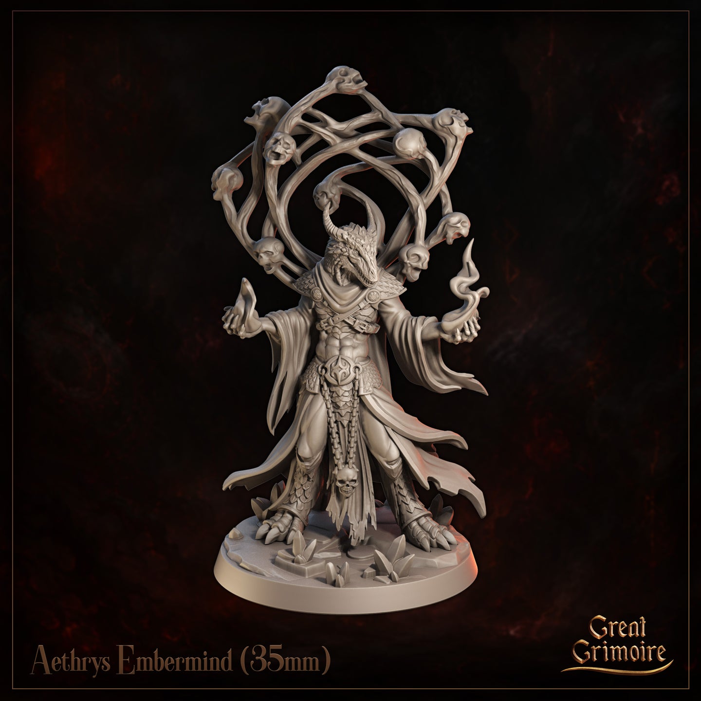 Horned draconic sorcerer with arms spread wide, spectral flame in one claw, wearing scale armour and a tattered robe, dominated by a large skull-studded arcane orrery canopy arching overhead. Crystal shards litter the base. Sculpt by Great Grimoire.