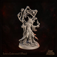 Draconic horned sorcerer in scale armour and flowing robe, one hand raised with curling flame, the other open at his side, beneath an elaborate orbiting orrery of interlocked bone-like arcs adorned with skulls and soul spheres. Sculpt by Great Grimoire.