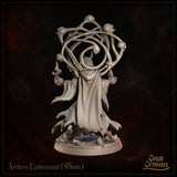 Rear view of a horned draconic figure in a billowing tattered robe, arms slightly raised, with a sweeping skull-and-bone orrery canopy fanning outward above the head. Rocky crystal debris visible across the base. Sculpt by Great Grimoire.