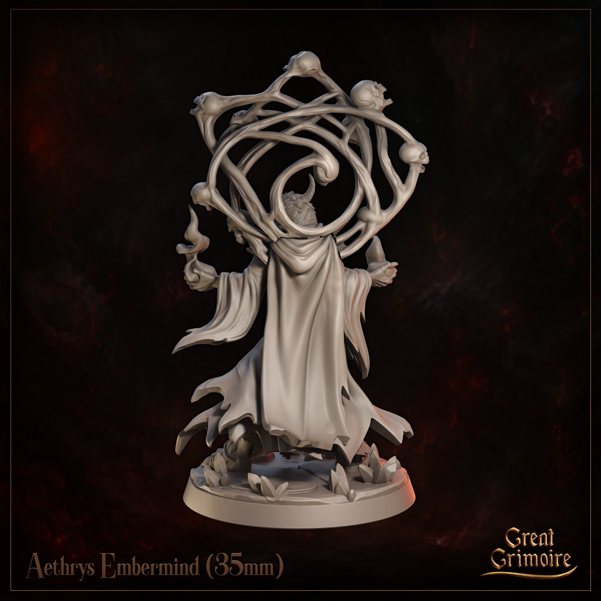 Rear view of a horned draconic figure in a billowing tattered robe, arms slightly raised, with a sweeping skull-and-bone orrery canopy fanning outward above the head. Rocky crystal debris visible across the base. Sculpt by Great Grimoire.
