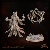 Aethrys Embermind by Great Grimoire — draconic sorcerer miniature with large arcane skull orrery, wearing layered scale armour and a tattered cloak, standing on a shattered crystal base.
