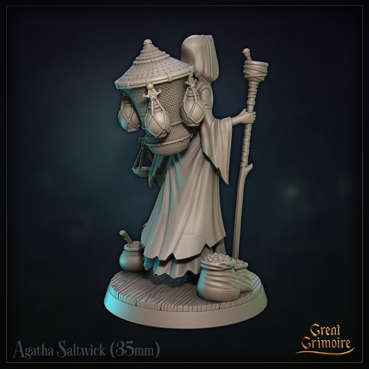 Agatha Saltwick miniature at a three-quarter rear angle: wicker basket detail visible, layered tattered robes, balance scale hanging from her outstretched right hand, clay pot and sack at her feet. Sculpt by Great Grimoire.