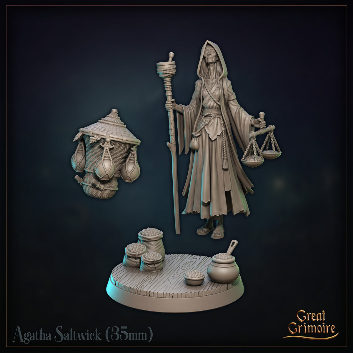 Agatha Saltwick miniature on scenic base: scattered sacks, seed bowls, and clay pots surrounding the figure, decorative wooden-plank texture on the round base. Sculpt by Great Grimoire.