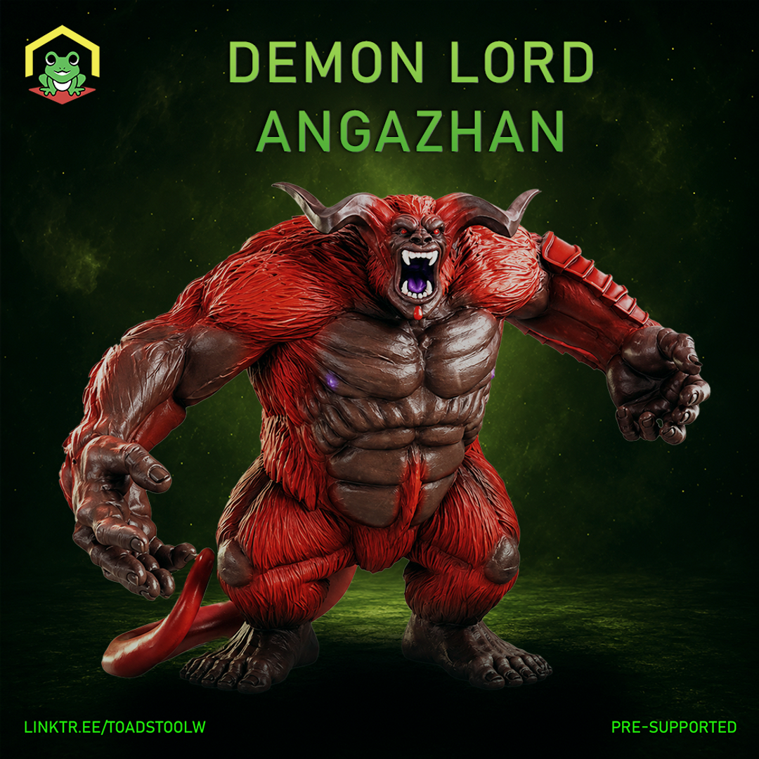 Massive horned demon with dense red fur covering his shoulders and legs, bare muscular torso, arms wide and claws splayed, mouth open in a savage roar. Sculpt by The Toadstool Weaver.
