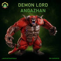 Massive horned demon with dense red fur covering his shoulders and legs, bare muscular torso, arms wide and claws splayed, mouth open in a savage roar. Sculpt by The Toadstool Weaver.