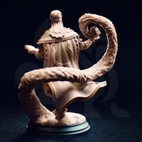 Photograph of unpainted Ahmarai Waqalas resin miniature — rear three-quarter view revealing the flowing back panel of his robe covered in inscribed text-like patterning, the curved tentacle sweeping up behind him, and the wizard's turban detail from above