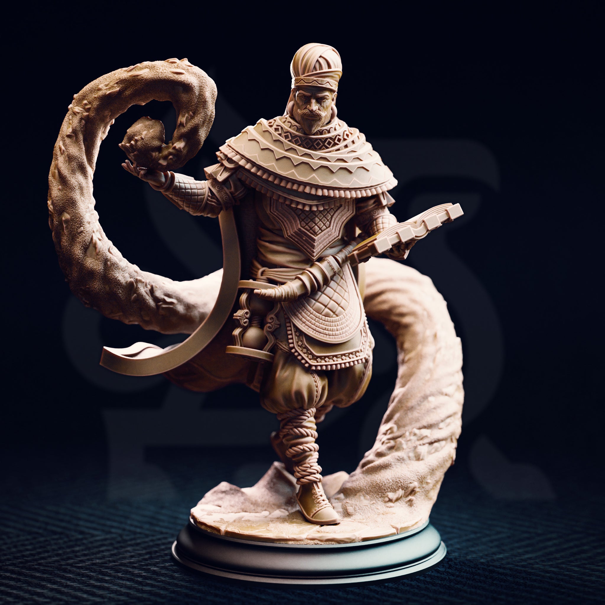 Photograph of unpainted Ahmarai Waqalas resin miniature on a dark background — front view showing the wizard balanced mid-stride on the tentacle base, detailed quilted tunic, decorative capelet, rope-wrapped lower legs, hanging pouches, skull in raised hand, and open spellbook tucked under the other arm