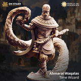 Digital render of Ahmarai Waqalas time wizard miniature from DM Stash, shown in cream resin — a bearded male figure in layered embroidered robes and turban, holding a skull aloft and gripping an open tome, flanked by two large coiling tentacle tendrils rising from a sandy scenic base
