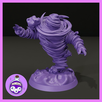 Digital render of an unpainted purple resin air elemental miniature — a swirling vortex-bodied creature with broad clawed arms, a hollow snarling face emerging from the wind column, and an integrated cloud base, shown from a three-quarter angle