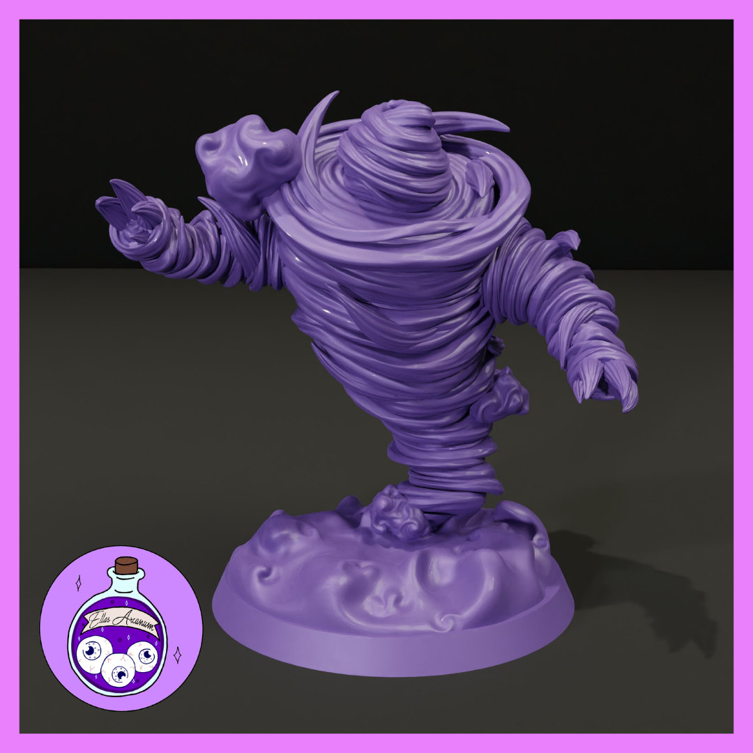 Digital render of an unpainted purple resin air elemental miniature — a swirling vortex-bodied creature with broad clawed arms, a hollow snarling face emerging from the wind column, and an integrated cloud base, shown from a three-quarter angle