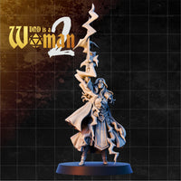 Female Air Genasi cleric thrusting a lightning-wreathed sword skyward, long hair and billowing robes caught in motion, fierce upward gaze. Sculpt by DnD Is A Woman.